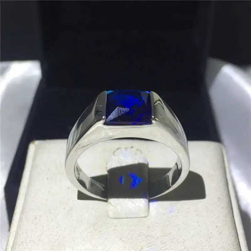 Solid s925 Sterling Silver Rings For Men Women Square Blue Sphire Stone Wedding Bands CZ Promise Engagement Ring Male JewelryXJ250514