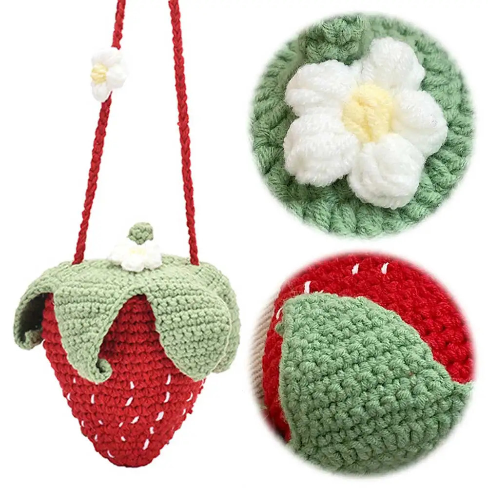 Cute Strawberry Shoulder Bag Handmade Fashion Cotton Rope Crochet Tote Knit Sling Purse for Women 250514
