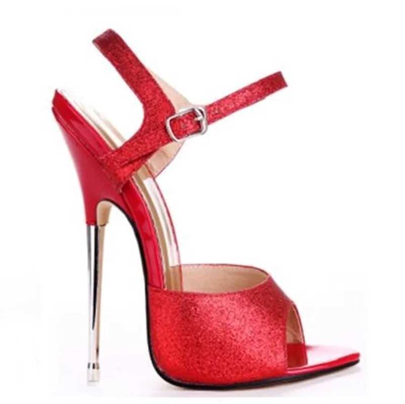 Summer Peep Toe Bling Sandals Sexy Sky Ankle Buckle Strap For Women Metal Heels 16CM Glitter High Metal Heel Dress Shoes W250514