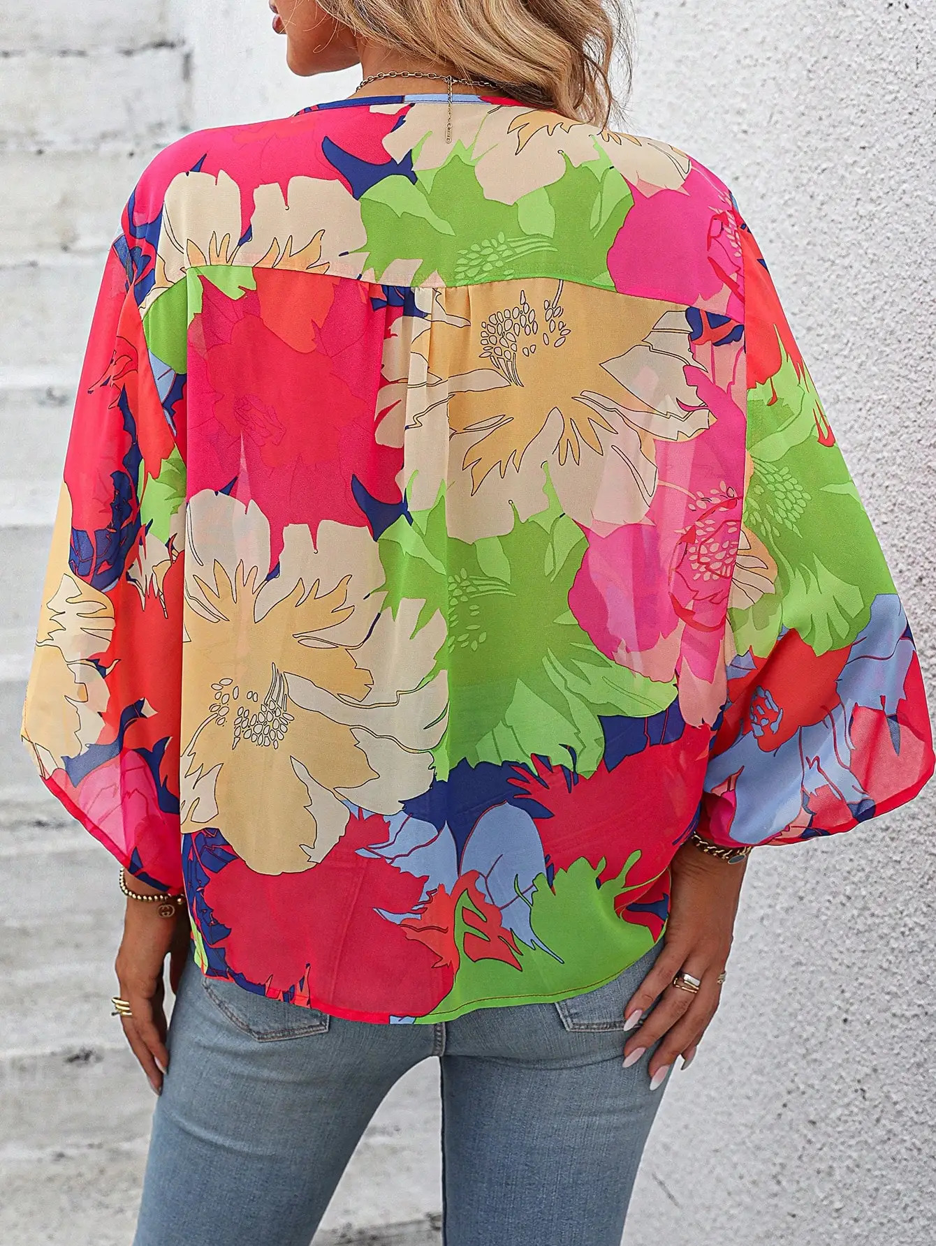 Elegant and stylish womens shirt deep Vneck button midsleeve bat sleeve fullbody printed Bohemian vacation style 250514