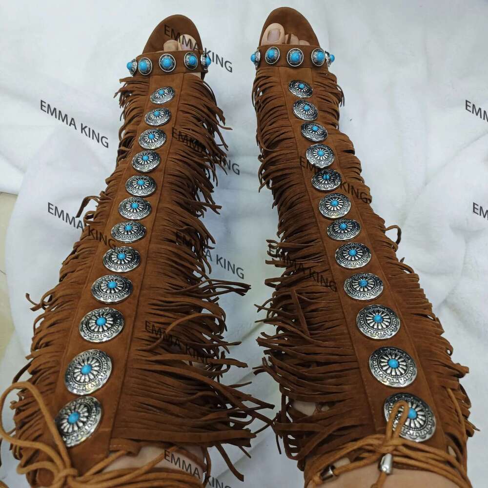 Designer Fringe Thih Heel Sandals Woman High Heels Open Toe Party Prom Shoes 2024 Sexy Zipper Female Tassel Pumps 44