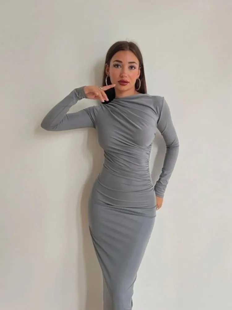 Y2k Solid Color Bodycon Party Long Dress Long Sleeve Package Hip Slim Folds Maxi Dresses For Women Elegant Dresses For WomenXJ250514