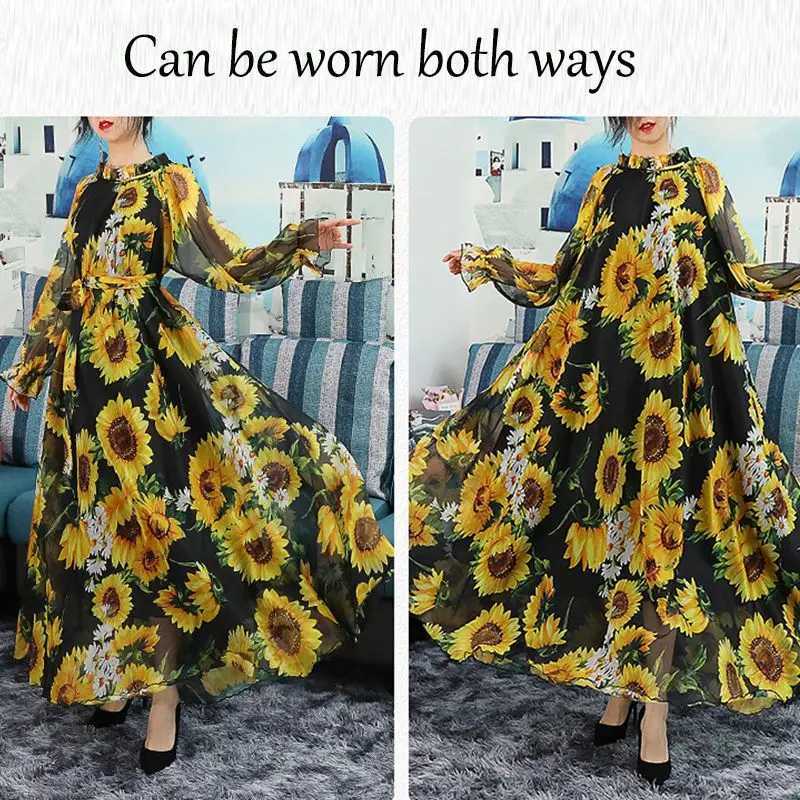 2023 Boho Beach Sunflower Print Maxi Dress Fashion Women Long Dress Full Slve Party Holiday Muslim Travel Photo Vestidos Robe X250514