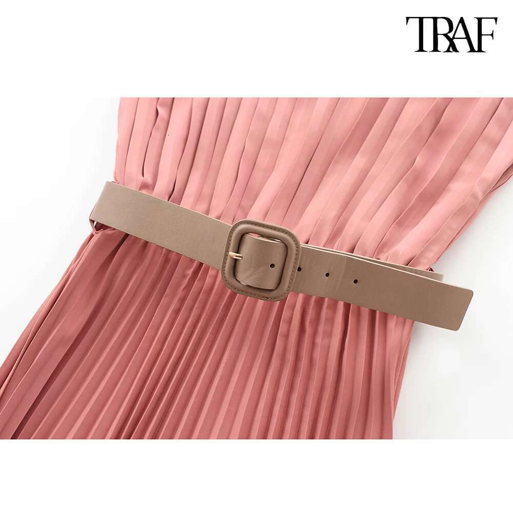 TRAF New Belt Decoration Pleated Fashion Casual Bury Peplum Tie Long Dress 2025 Spring/Summer Elegant Demure Dresses