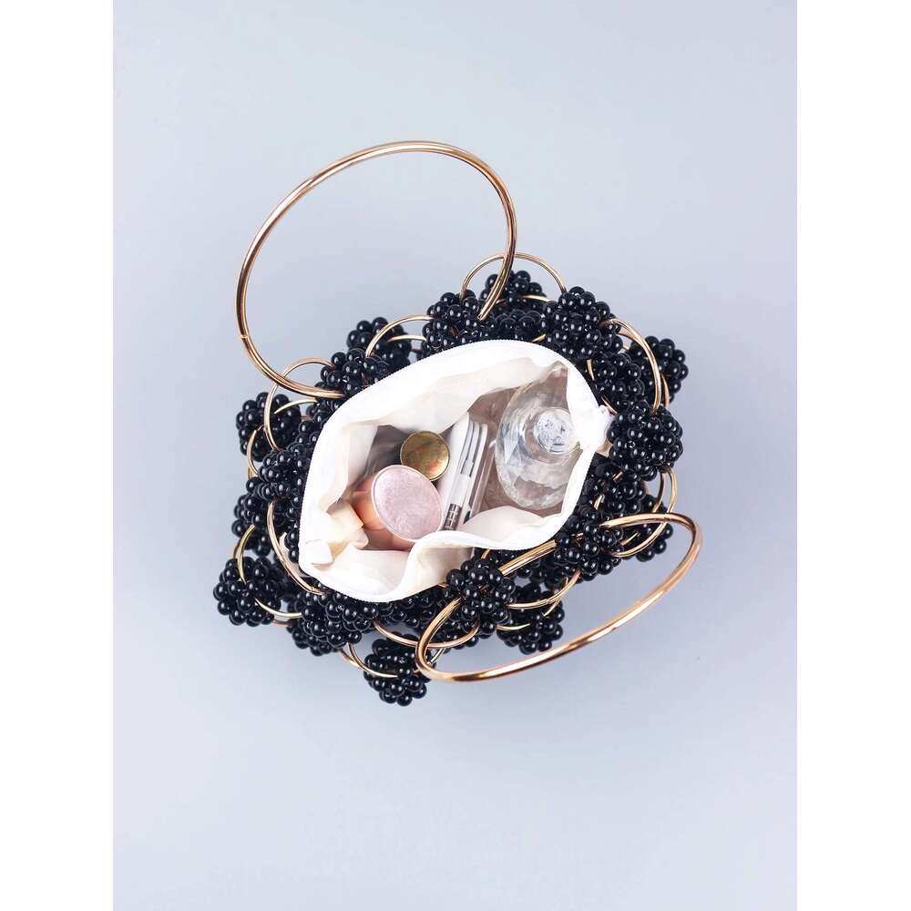 New Black Ball Beaded Dinner High Quality Women's Hollow Out Bag Fashion Versatile Handheld