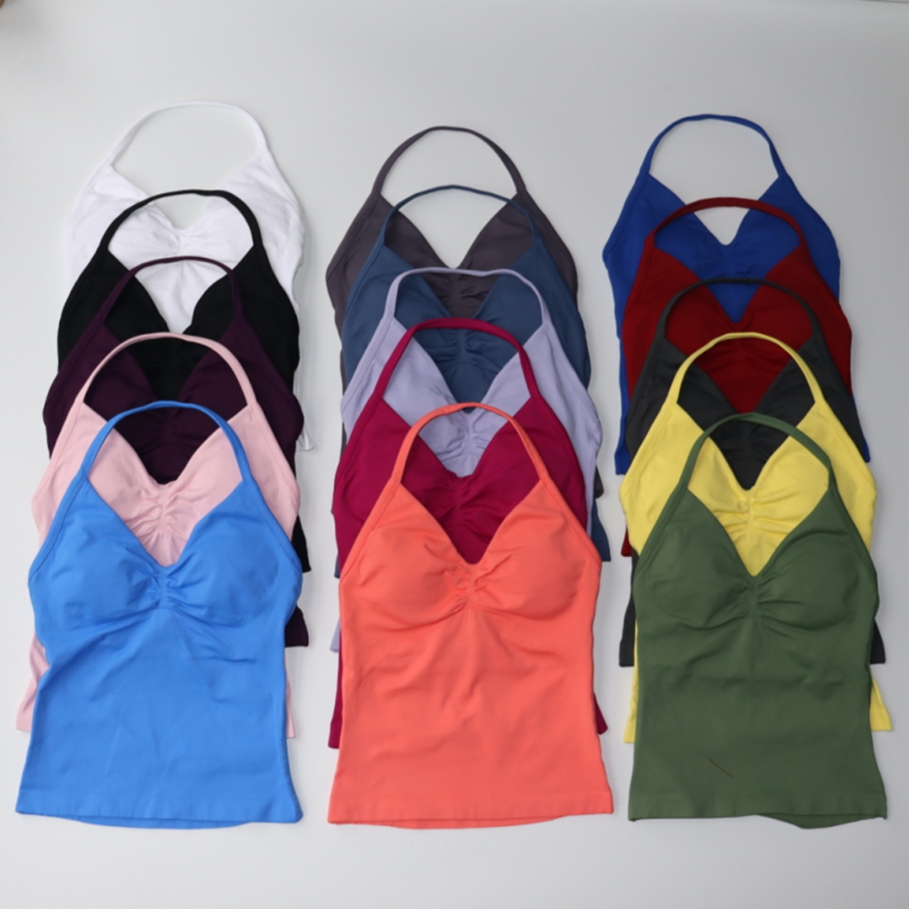 2025 Longline Strappy Top Sports Vest Women Seamless Yoga Tank Tops Ruched Backless Gym Clothes Workout Sleeveless Shirts With Chest Padded Outfit Bra