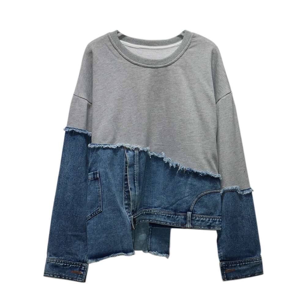 240920 Sweatshirt Women's Personality Asymmetrical Denim Splicing Loose Casual Top Autumn Winter Fashion Versatile Tops Designer