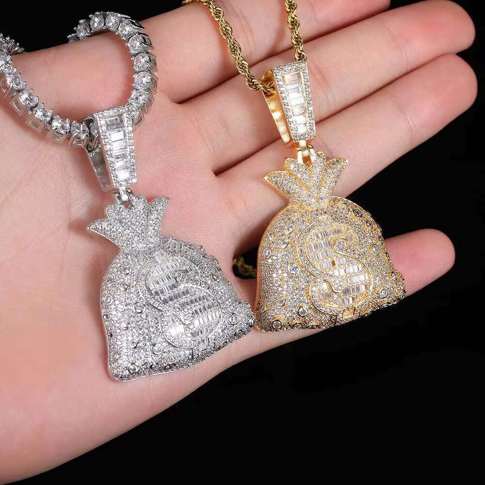 Hip hop Gold Plated Wallet for Men Micro Inlaid Cubic Zirconia Iced USD Money Bag Pendant Necklace