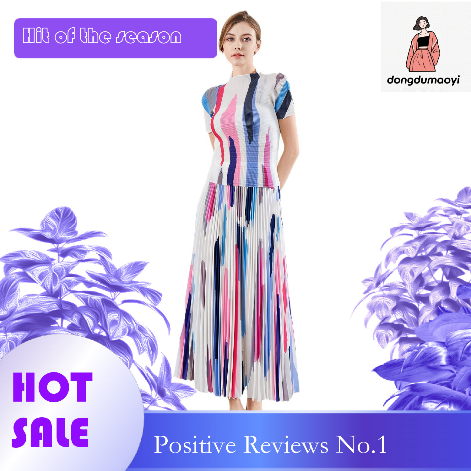 dongdumaoyi Fashion short sleeved top, long set, women's summer printed pleated T-shirt, half skirt two-piece set