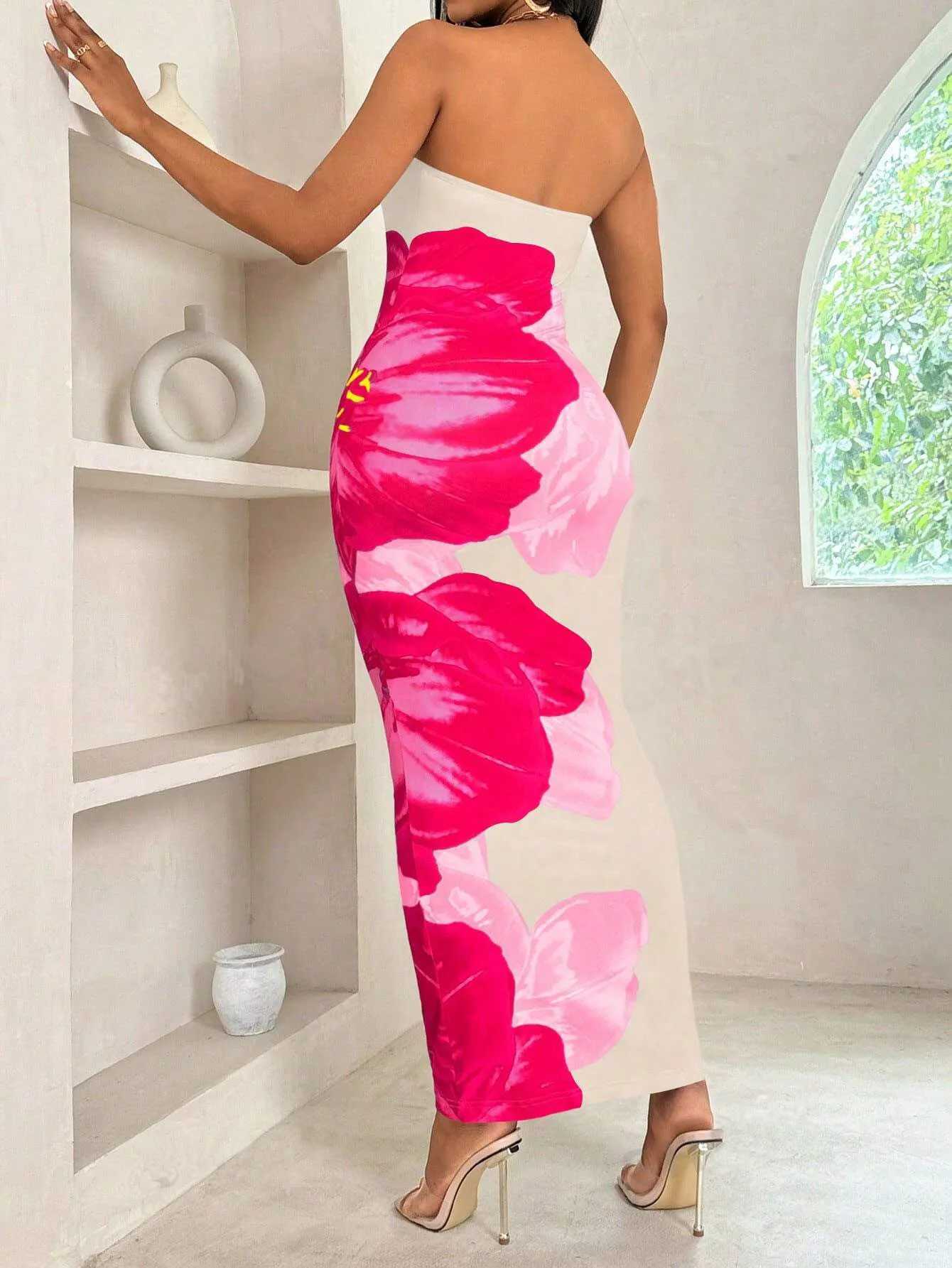 Womens fashion ins sexy ethos elegant slim-fit print with chest spread and slit bag buttock long dressXJ250514