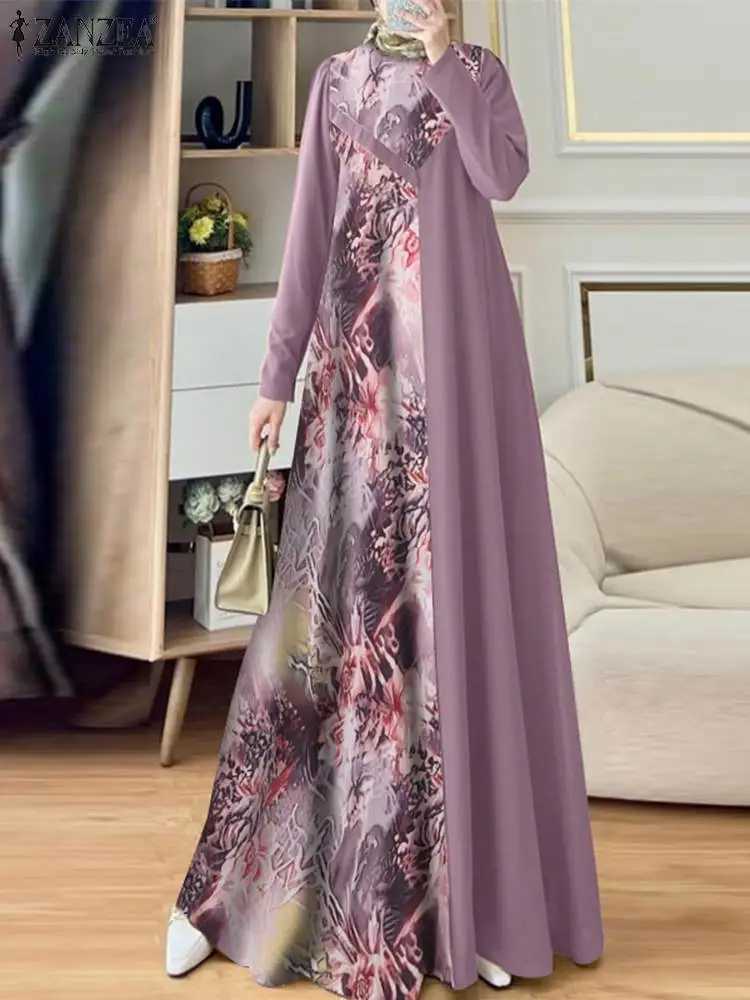ZANZEA Women Muslim Fashion Floral Printed Patchwork Long Dresses Elegant Islamic Hijab O Neck Abaya Robes Long Slve Vestidos X250514
