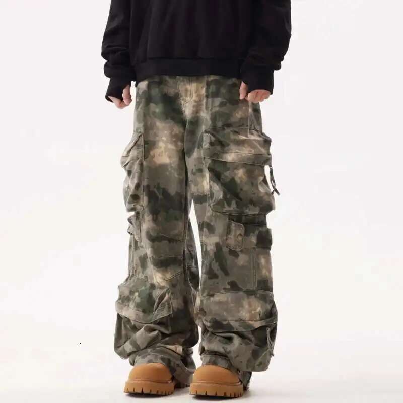 Camouflage Men's Wide Leg Pants High Street Three-dimensional Multi Pockets Bottom Tie Dye Cargo Trousers Spring