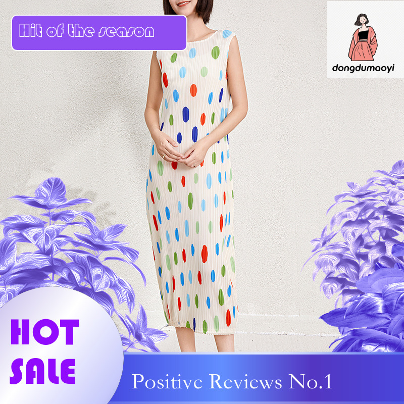 dongdumaoyi Colorful polka dot dress for women s summer new Miyake seaside vacation style loose fit slim figure temperament long skirt