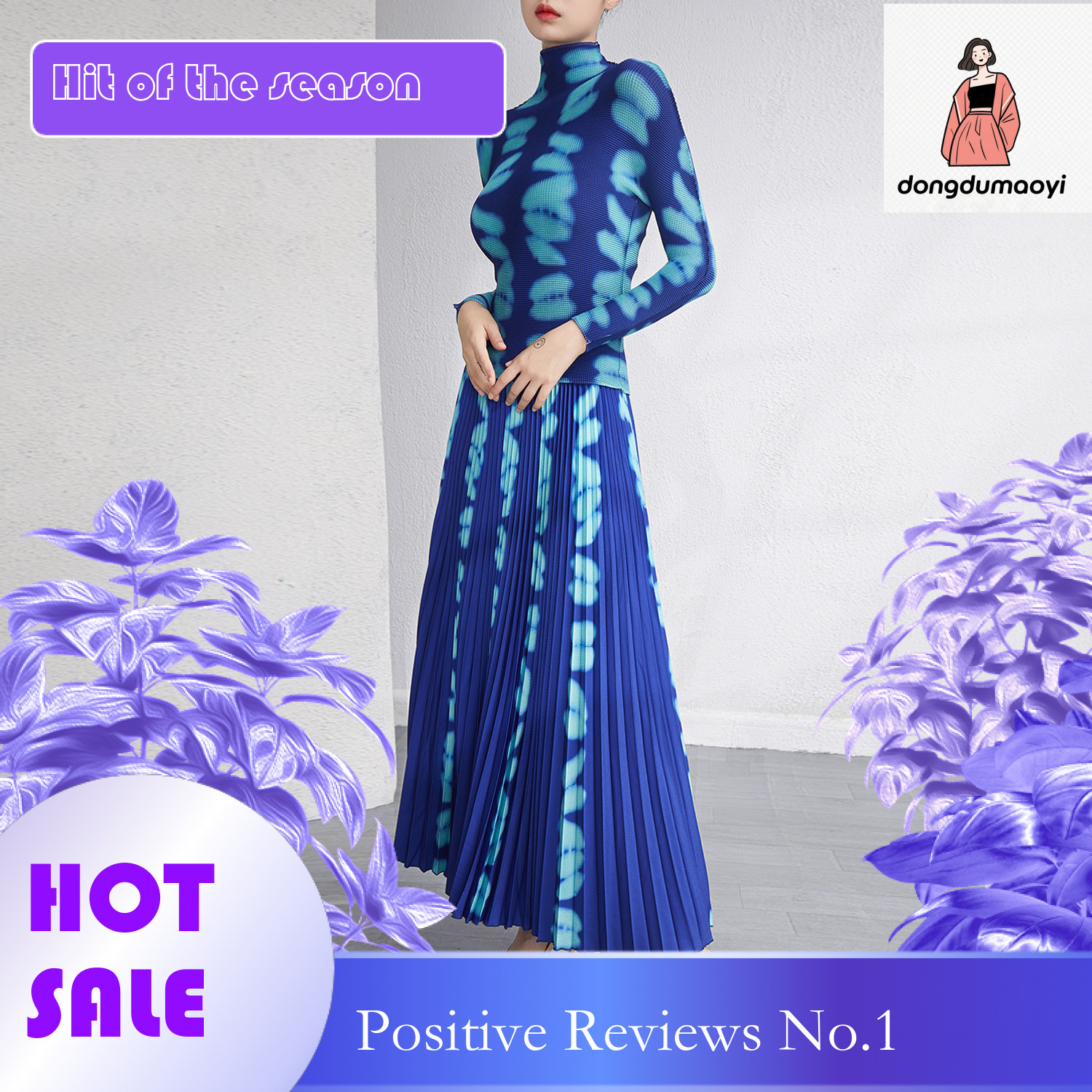 dongdumaoyi Half high collar printed base autumn outfit European small shirt two-piece slimming pleated skirt fashion set