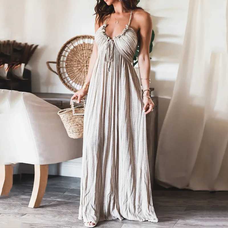 2025 Womens Summer Sexy U Neck Halter Long Party Dress Solid High Waist Pleated Maxi Dress Backless Lace-up Hollow Boho DressesXJ250514