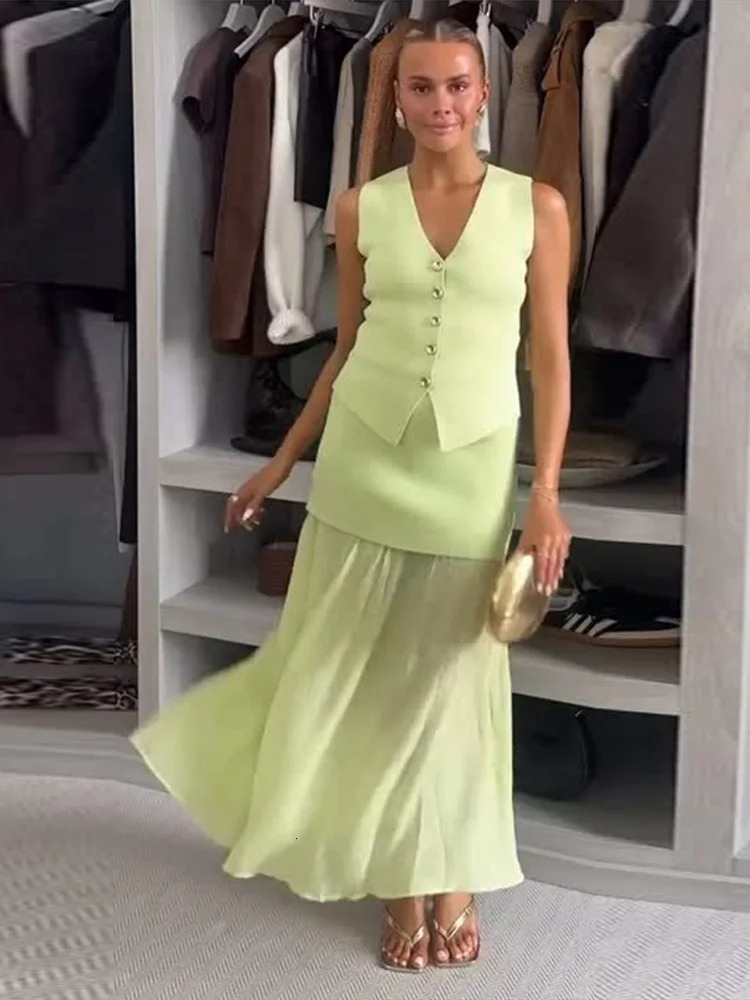 Elegant Knit Vest Skirt Sets Women Single-breasted V-neck Waistcoat Patchwork Tassel Skirts Set 2025 Summer Lady Long Skirt Suit 250513
