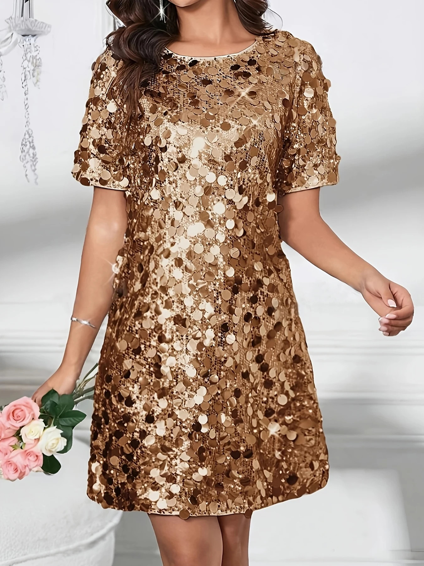 plus size Elegant Plus Gold Sequin Midlength SkirtLeisure Aline Skirt Polyester Shortsleeved Round neck 250506