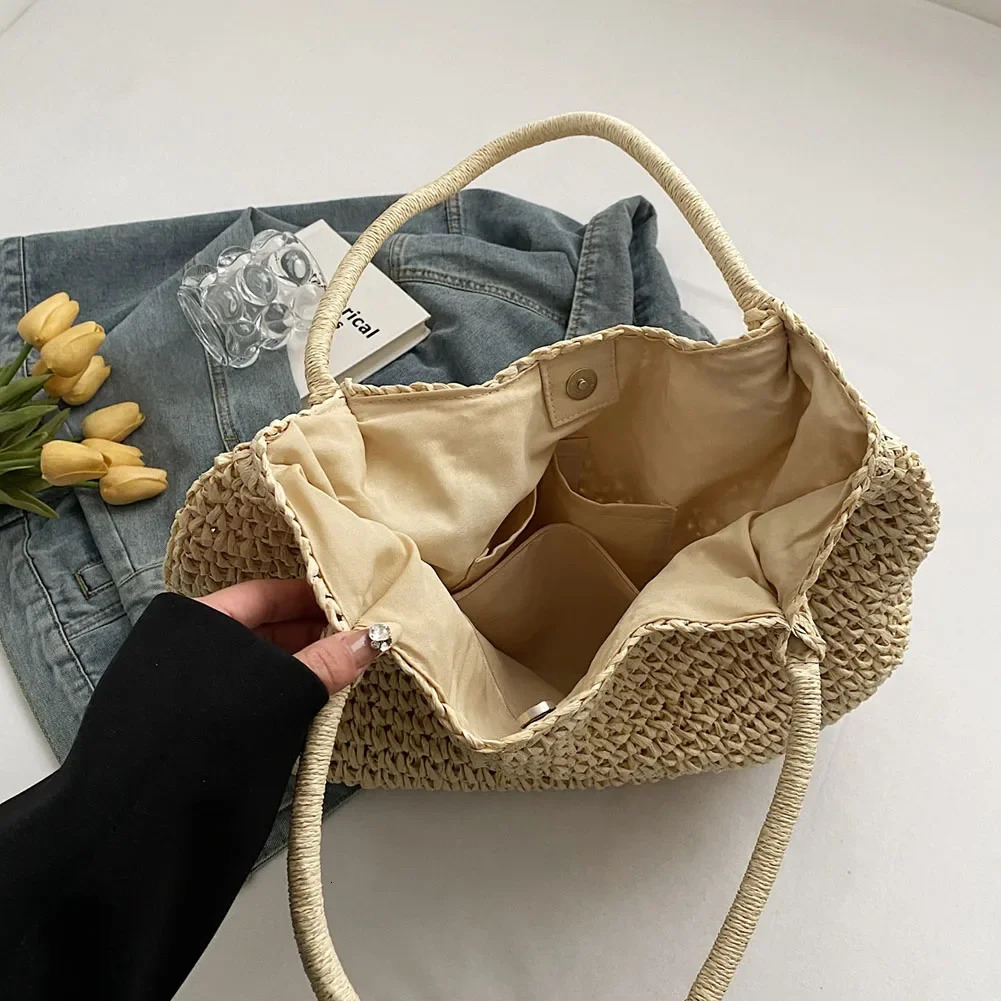 Women Straw Tote Handbag Large Capacity Crochet Beach Hasp Closure Simple Weaving Ladies Summer Daily Bag 250514
