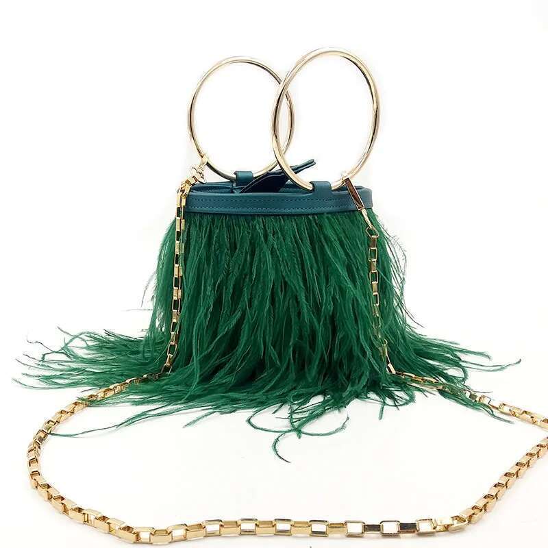 Real Ostrich Feathers bucket bag Handbag Evening Bags Women's Pink Green Dia Clutch Party Messenger Bag For Ladies