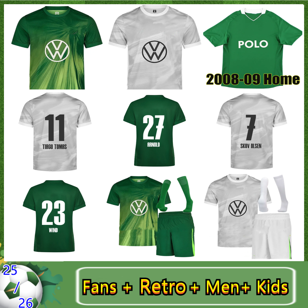 25/26 Wolfsburg Soccer Jerseys Kids Kit 2025 2026 Home VfL Away Football Shirt Training Goalkeeper Set Green White retro2008 09 SKOV OLSEN WIND ARNOLD