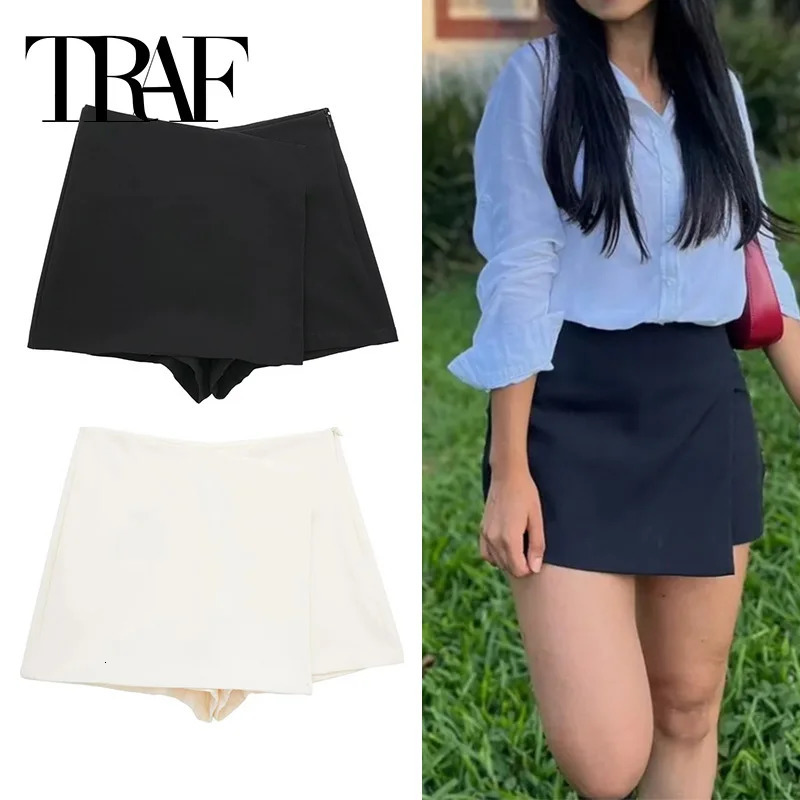 TRAF Asymmetric Skort For Women Black High Waist Mini Skirt Shorts Casual Bermuda Woman Summer 250514