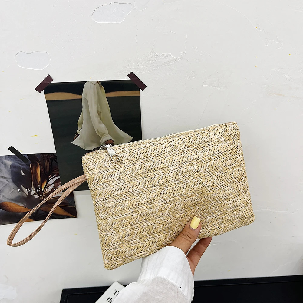 Fashion Women Bohemian Woven Clutch Wristlet Bag Casual Ladies Beach Summer Solid Color Small Handbags Purse White Beige Gifts 250514