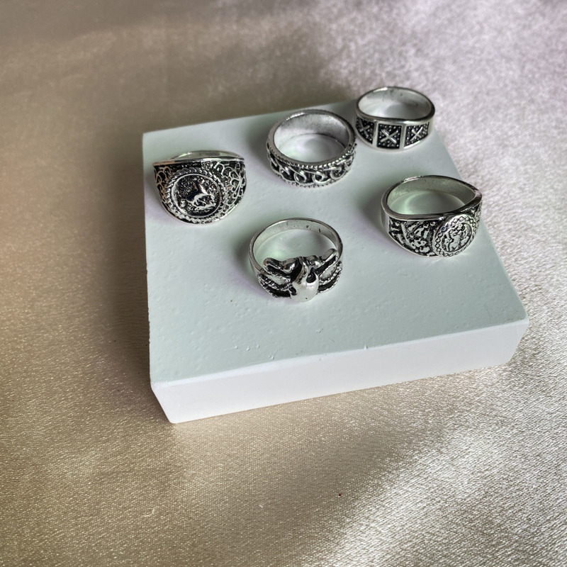 Trendy Metal Style Design Totem Geometry Couple Ring 5-piece Set
