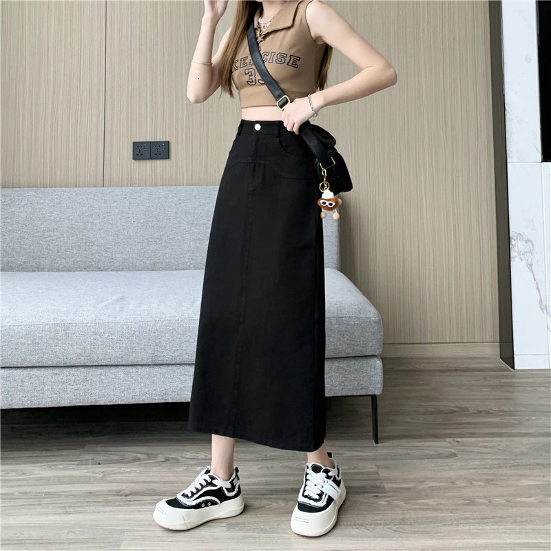 REALEFT Vintage Washed Denim Aline Midi Skirts for Women Summer Solid Back Split High Waist Wrapped Womens 250514