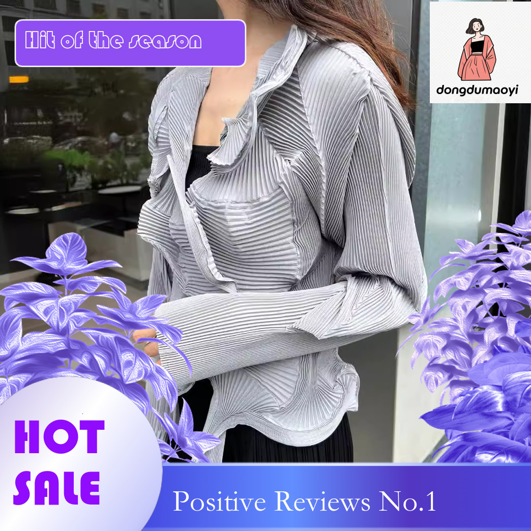 dongdumaoyi Mainline pleated female niche handmade flower bud elegant Miyake short coat cardigan solid color commuting long sleeved shirt