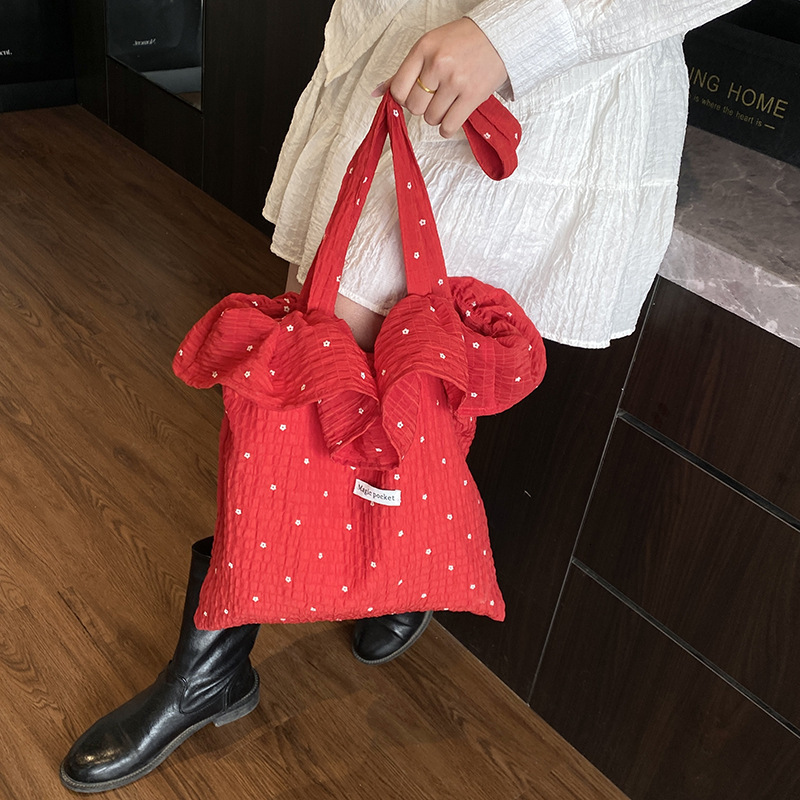2025 New Spring/Summer Collection Korean Polka Dot Cloth Shoulder Fairy Wind Lotus Leaf Designer Edge Handbag Women's Vacation Chiffon Bag
