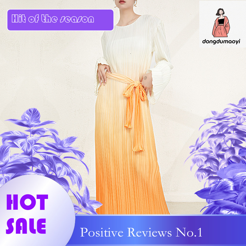 dongdumaoyi Korean high end temperament pleated dress new three bedroom slim belt waist cinching gradient slimming mid length skirt