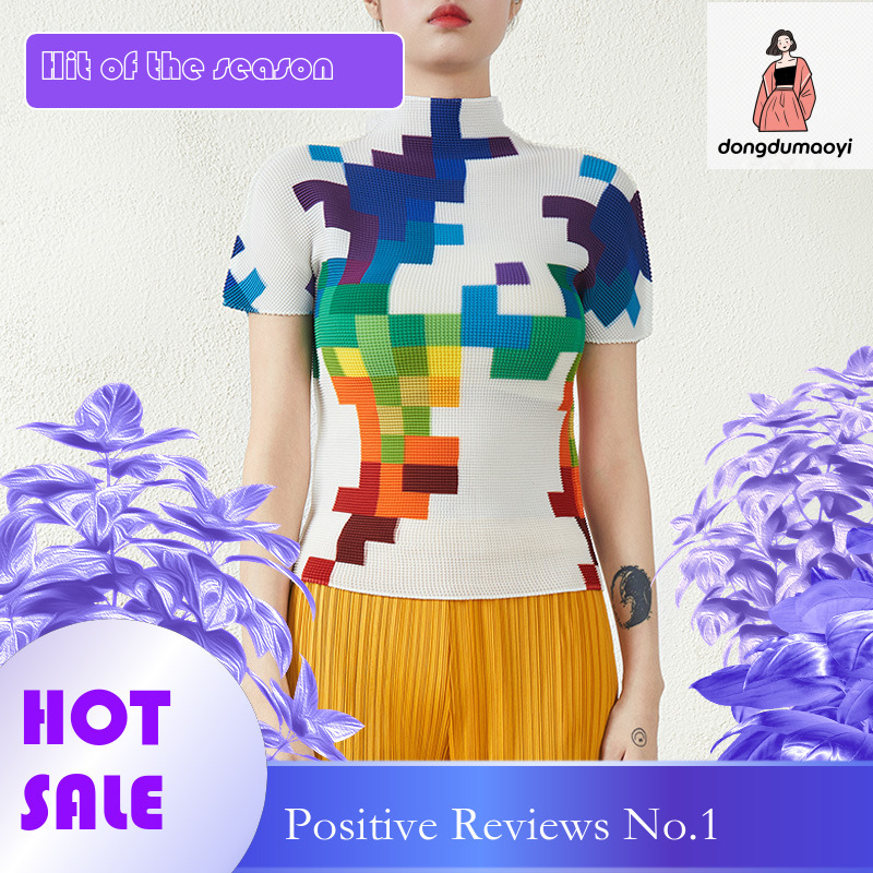 dongdumaoyi Miyake printed pleated top for women, summer new fashion design, slim fit and slimming short sleeved T-shirt