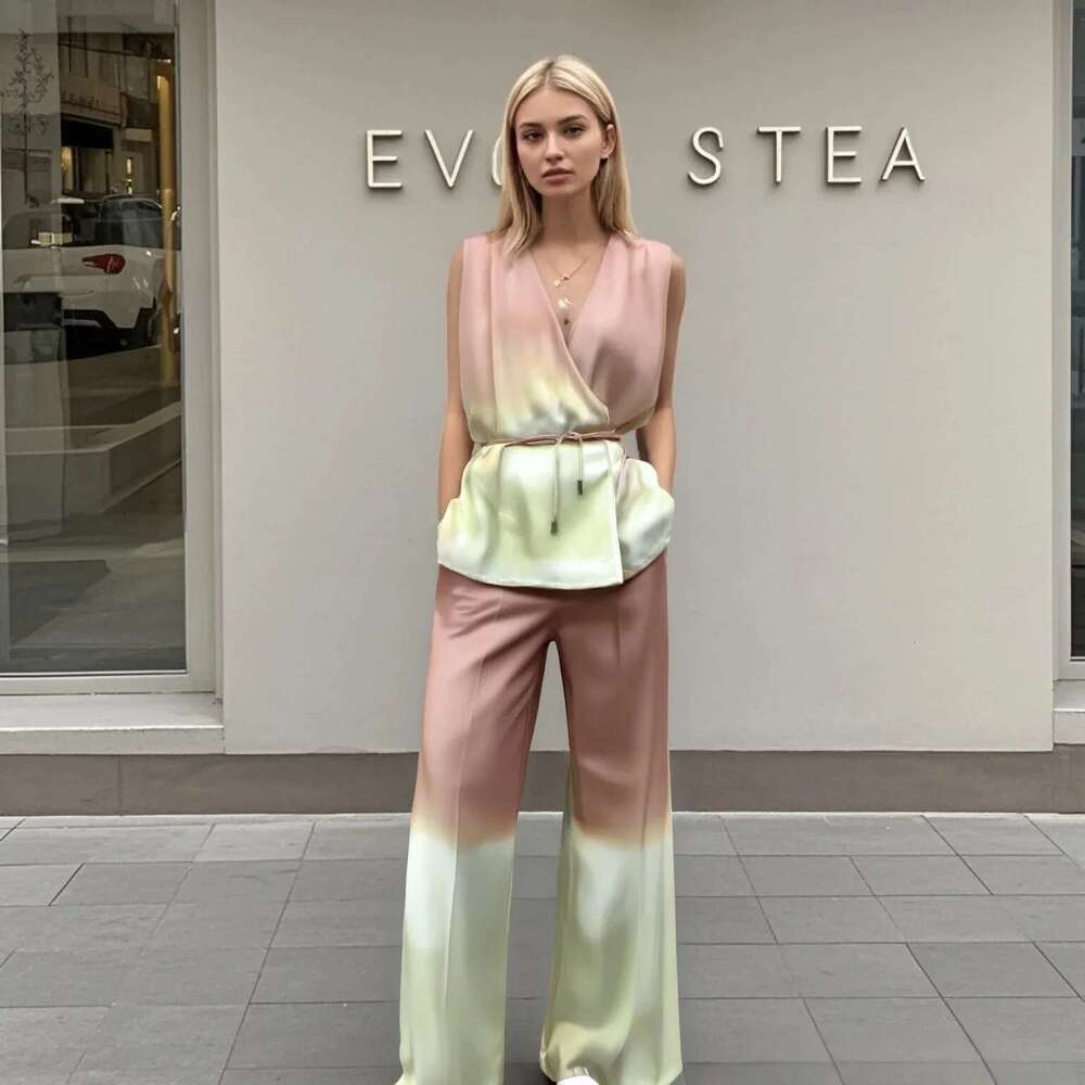 Pb&Za Summer New Women's Tie Dye Printed V-Neck Sleeveless Temperament Top High Waisted Loose Pants Set