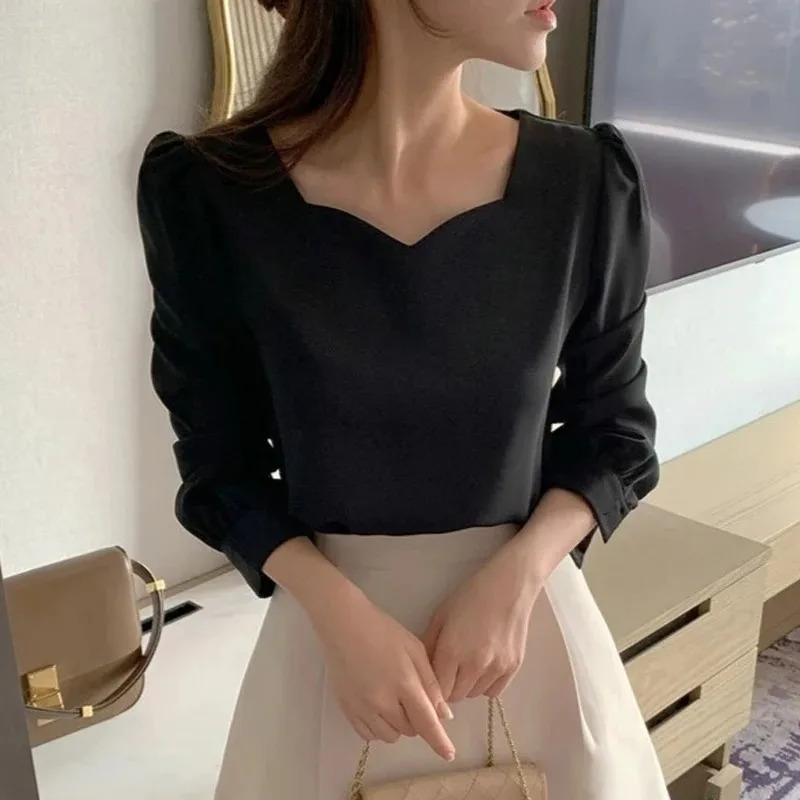 Elegant Square Collar Blouse for Women Casual Loose Tops Puff Sleeve Simple Shirts Spring and Autumn Fashion 8276 250513