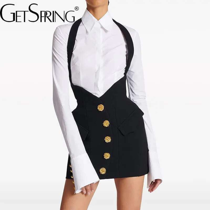 Getspring Women 2024 Autumn New Long Sleeve White Shirt Rose Metal Buckle Wrap Hip Black Mini Skirt Two Pieces Sets