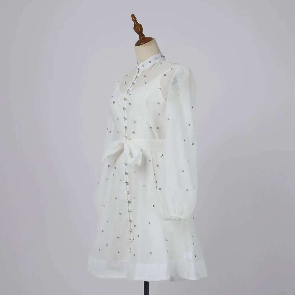 Crystal Short Dresses Women Summer Studded Dia Stand Collar Lantern Sleeve 2025 Sping Loose Evening Party Vestidos