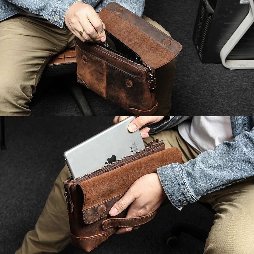 Cowhide Leather Men's Clutch iPad Mini 4 5 6 Iphone Clutches For Male Men Wallet Fashion Large Capacity Purse Gift