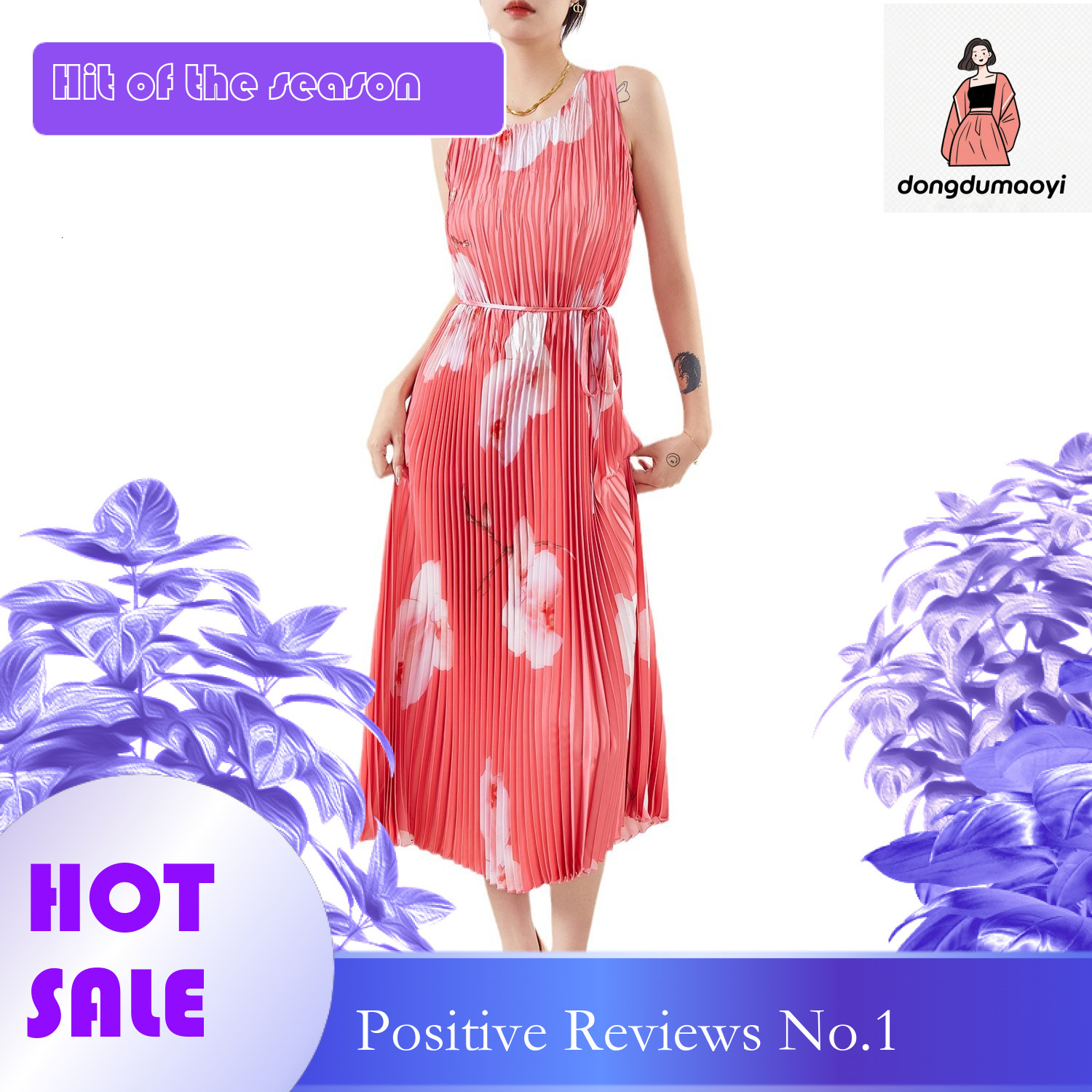 dongdumaoyi Miyake Printed Seaside Vacation Dress Spring Summer New Style Loose and Skinny Stylish Strap A line Skirt