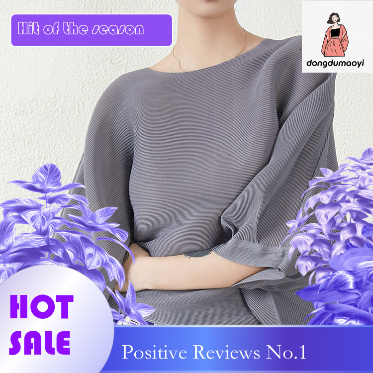 dongdumaoyi Miyake plus bat top for women, new round neck loose design, pleated nine quarter sleeve T-shirt