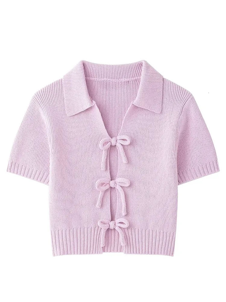 Chic Bow Knitted Short Texture Top Women Fashion Turn Down Collar Hollow Cardigan Knitwear Summer Shortsleeved Tops 250514