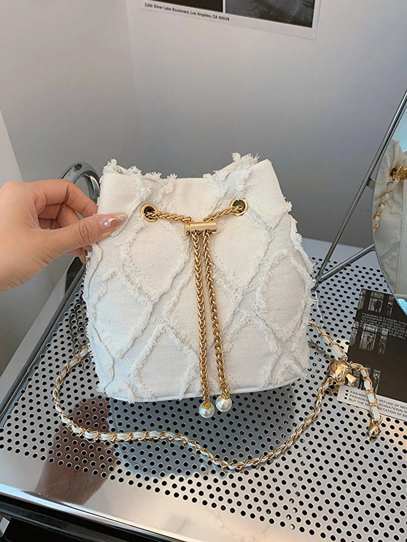 Vintage Denim Bucket Bag Retro Style Light Blue Ripped Edge n Gold Chain Pearl Embellishment Adjustable Fringe Shoulder 250514