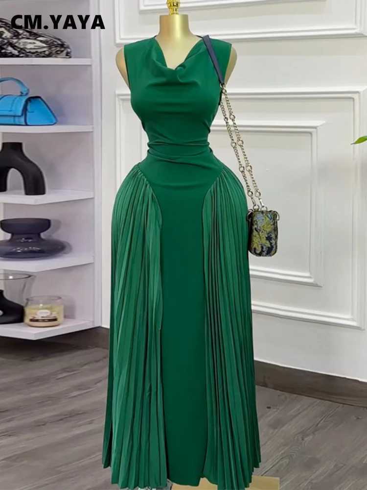 CM.YAYA 2025 Summer Elegant Sleeveless Sweet V-Neck Floor-Length Long Women Dress Beach Party Evening Sexy Pleated DressesXJ250514