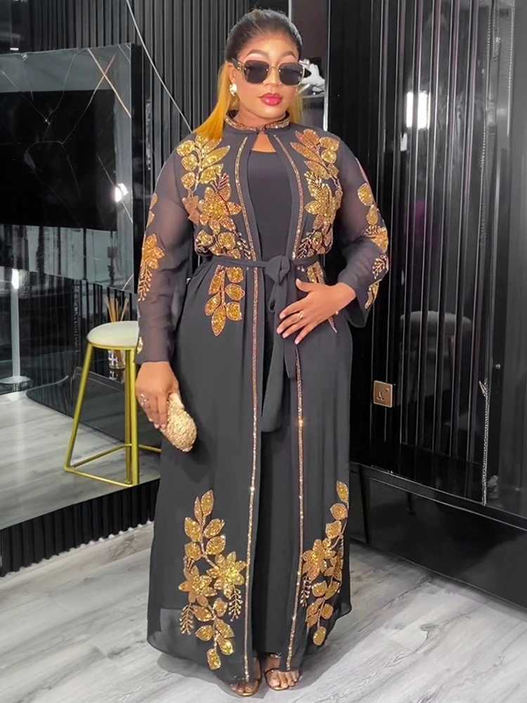 2025 Chiffon Long Slve Dresses Dubai Luxury Abayas For Women Muslim 2 PCS Set Clothing Caftan Marocain Party Prom Evening Gown X250514