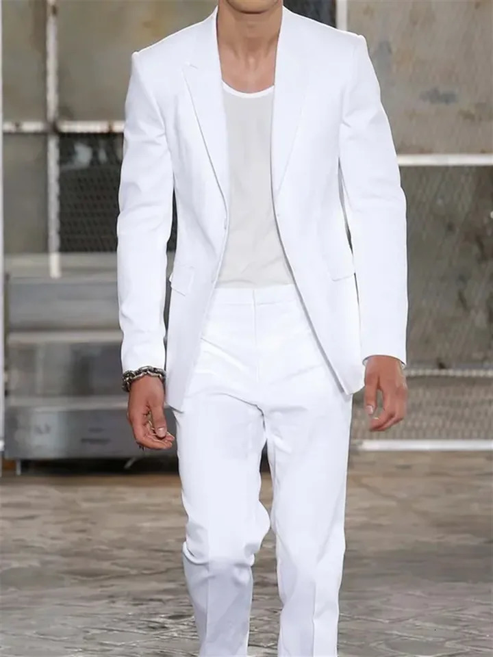 2 Pieces Long Jacket White Trousers Groom Tuxedos Wedding Suits for Men ed Lapel Man Blazers Coat Pants Prom 250506