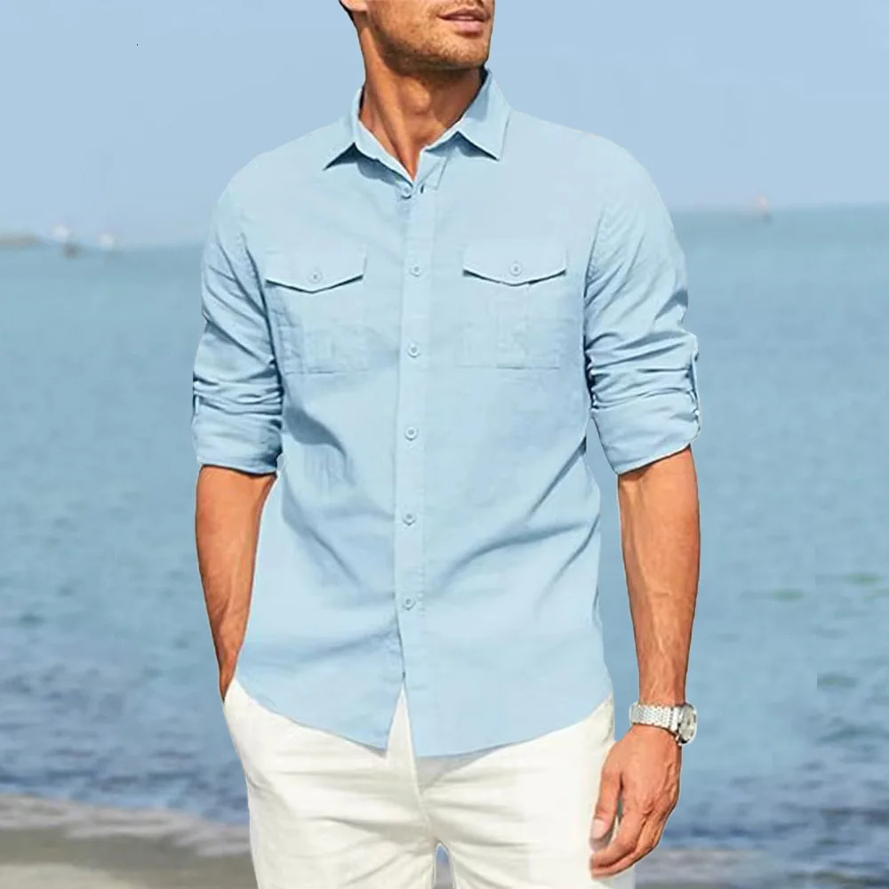 Autumn mens solid color double pocket cotton linen long sleeved lapel shirt casual Dailywear classic cargo 250506Z