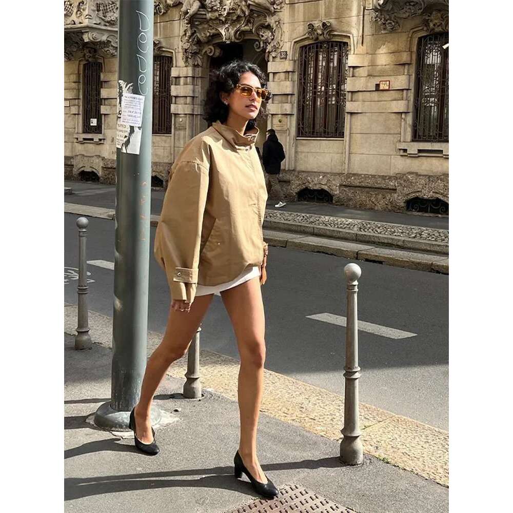 Casual Khaki Short Outerwear Woman Loose Lazy Turtleneck Long Sleeve Single Breasted Windbreaker Coats Lady Thin Trench Jackets
