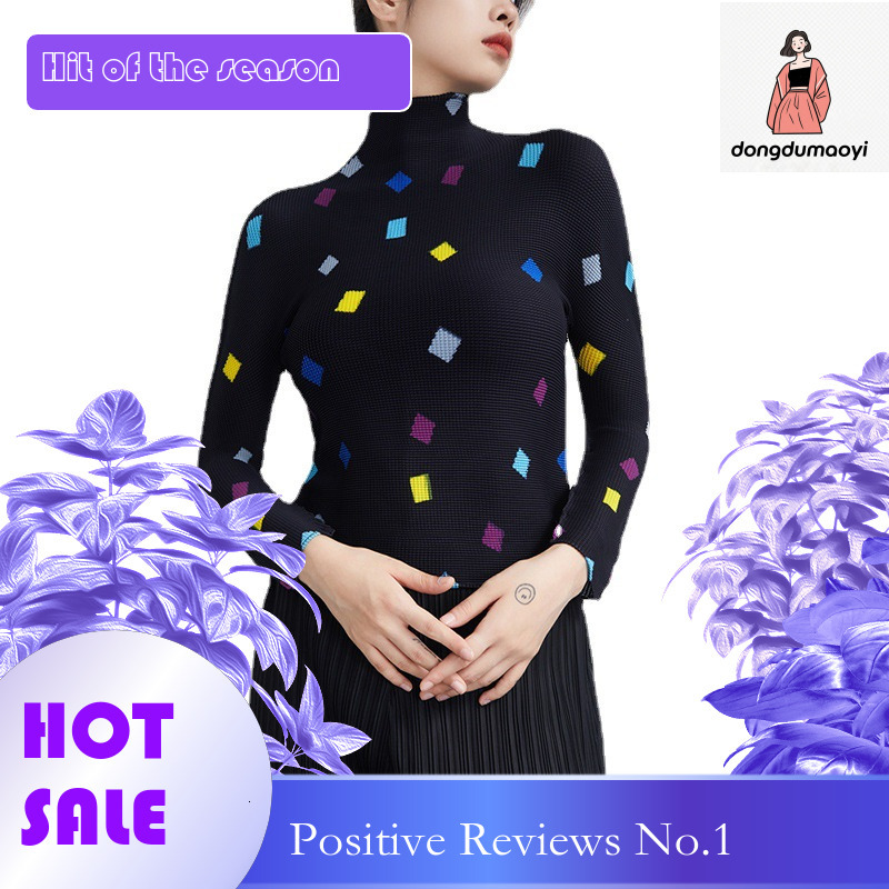 dongdumaoyi Miyake semi high neck printed top for women in spring and autumn, elastic slim fit, slimming long sleeved pleated T-shirt as base