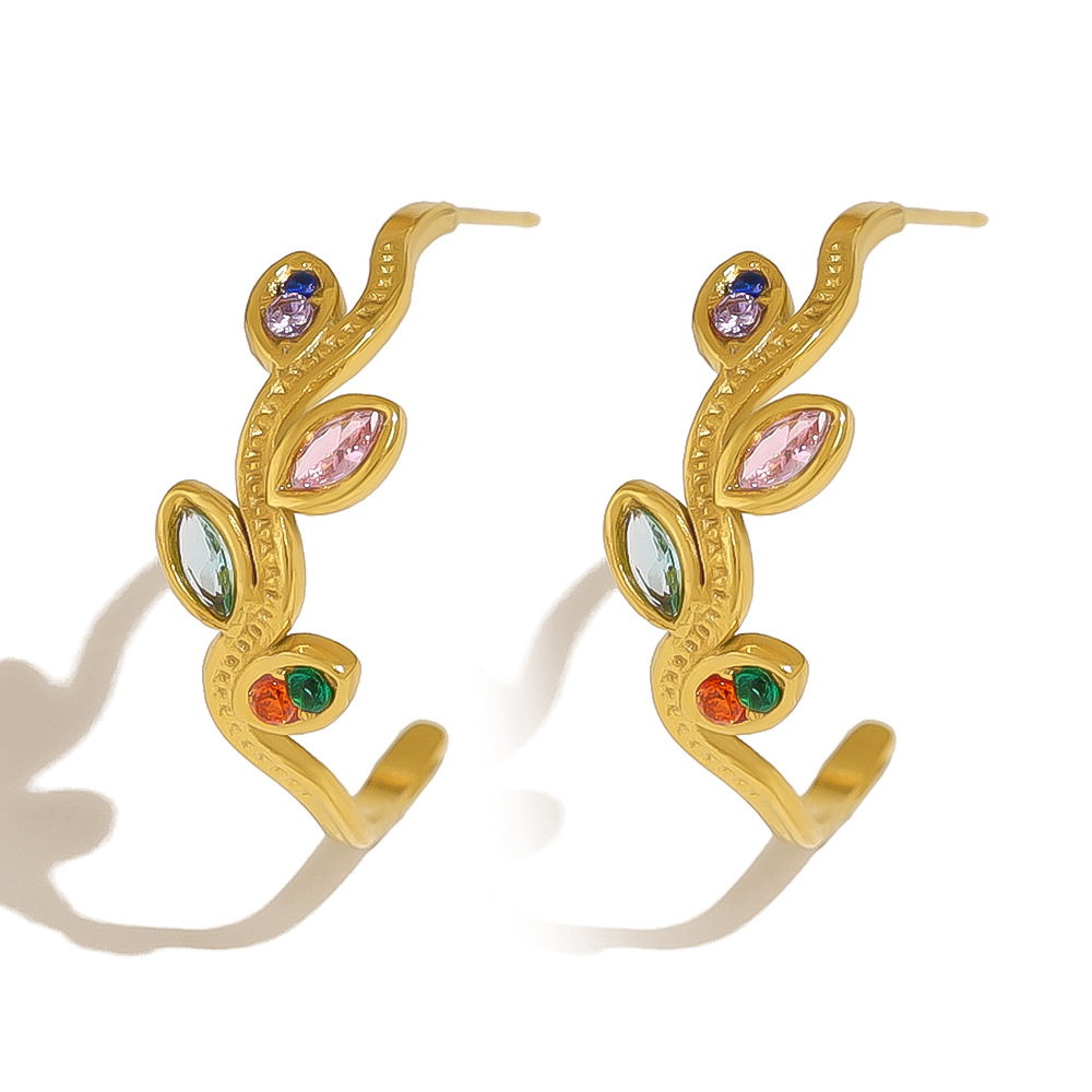 18K Gold Titanium Steel Earrings with Colorful Marquise Zirconia, Hollow Leaf Design, C-Shaped Stainless Steel Ear Studs for Women