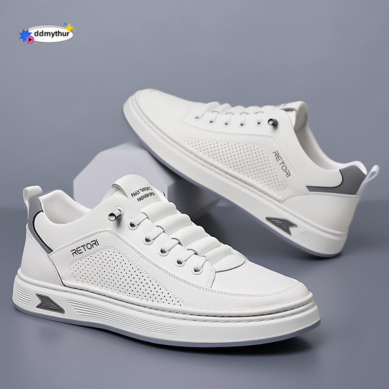2025 Summer New Board for Men, Breathable Hollow Mesh, Genuine White Top Layer, Leather, One Step Casual Shoes ddmythur