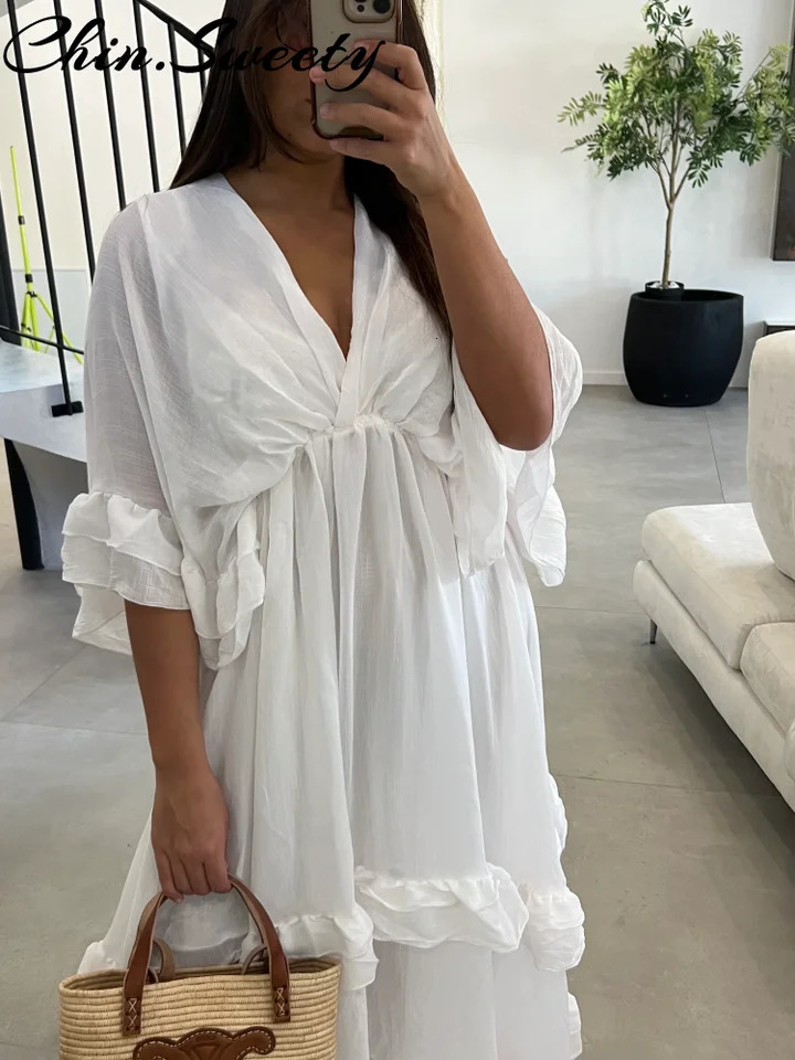 Casual Cascading Ruffle Women Dress Chic Patchwork Lace Up Half Flare Sleeve Oneck Female Dresses Summer Beach Lady Robe 250514